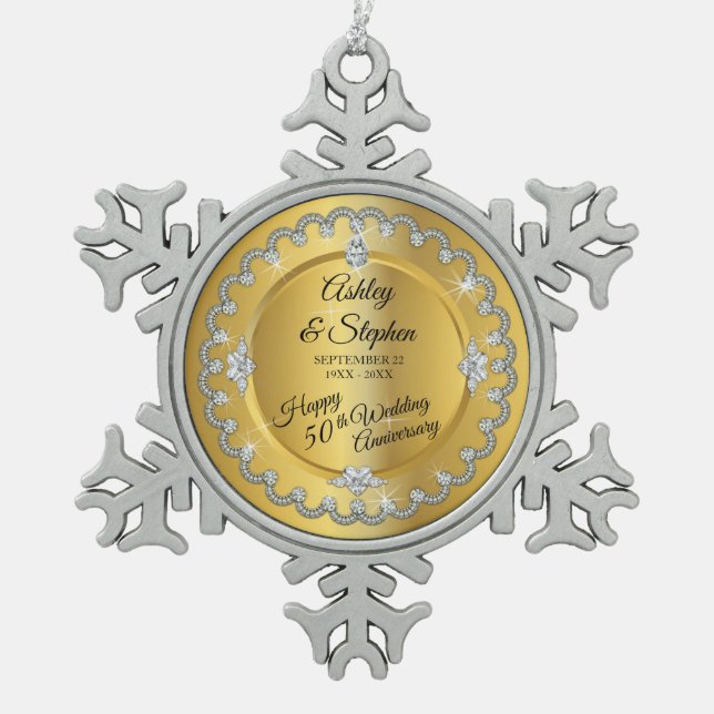Elegant Gold Diamonds 50th Wedding Anniversary Snowflake Pewter Christmas Ornament (Front)