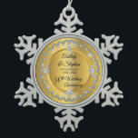 Elegant Gold Diamonds 50th Wedding Anniversary Snowflake Pewter Christmas Ornament<br><div class="desc">Opulent elegance frames this wedding anniversary design in a unique scalloped diamond design with centre teardrop diamond with faux heart-shaped diamonds and added faux sparkles on a gold-tone gradient. Please note that all embellishments are printed and are only made to appear as real as possible in a flat, printed design....</div>