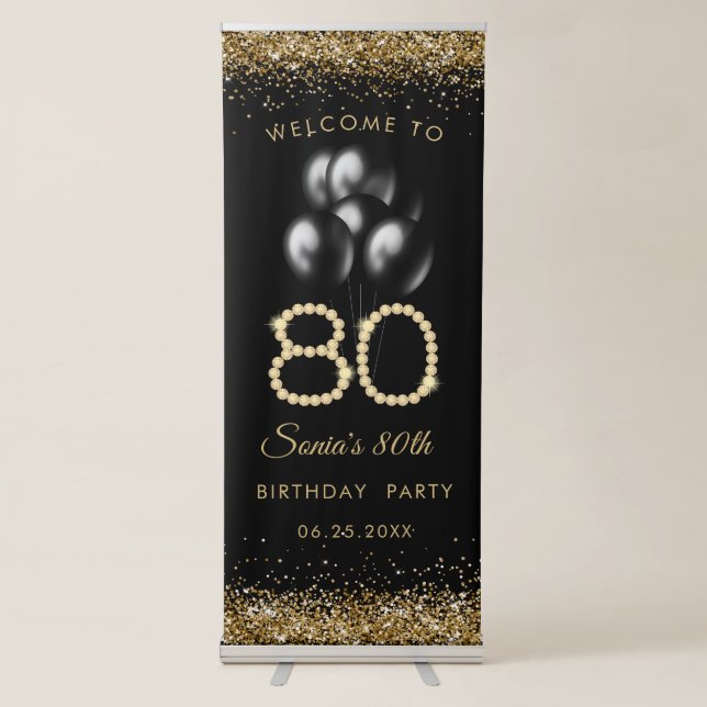 Elegant Gold Diamonds 80th Birthday Retractable Banner (Front)