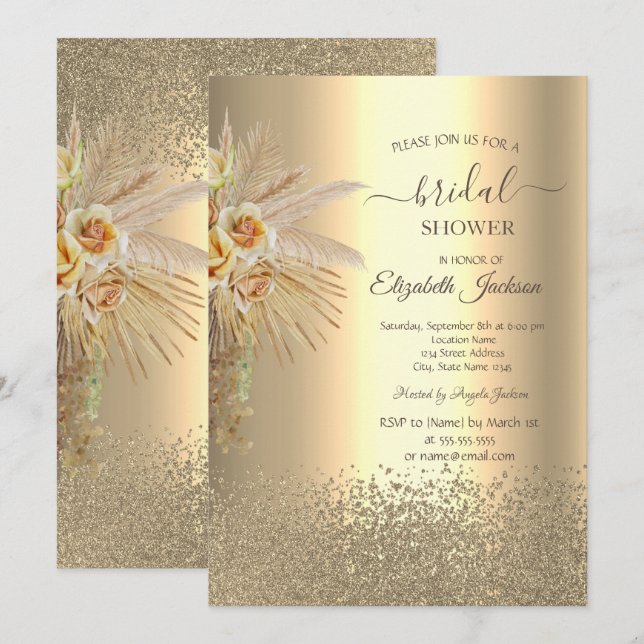 Elegant Gold Diamonds Boho Flowers Bridal Shower Invitation (Front/Back)