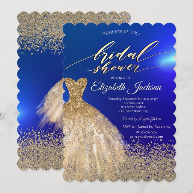 Elegant Gold Diamonds Dress Blue Bridal Shower  Invitation (Front/Back)