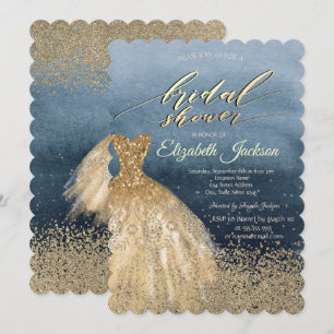 Elegant Gold Diamonds Dress Blue Bridal Shower Invitation