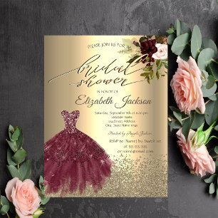 Elegant Gold Diamonds Dress,Flowers Bridal Shower Invitation