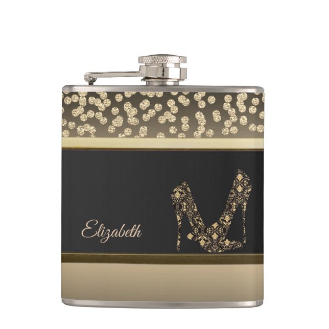Elegant Gold Diamonds, High Heels- Personalised Hip Flask (Front)