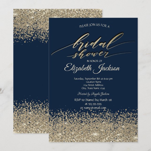 Elegant Gold Diamonds Navy Blue  Bridal Shower Invitation (Front/Back)