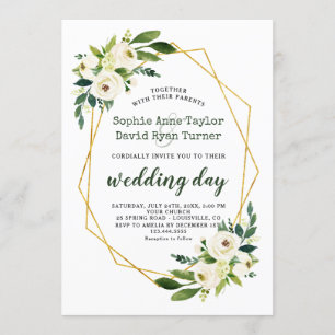 Elegant Gold Diamonds White Green Floral Wedding Invitation
