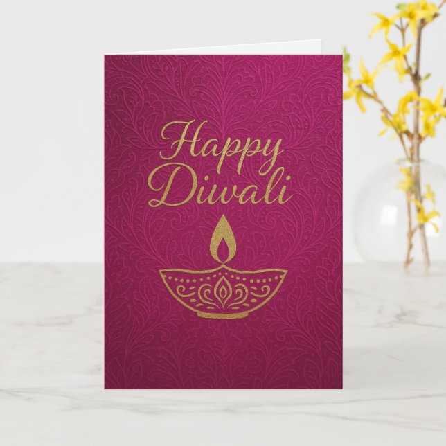 Elegant Gold Diya Happy Diwali Greeting Card (Yellow Flower)