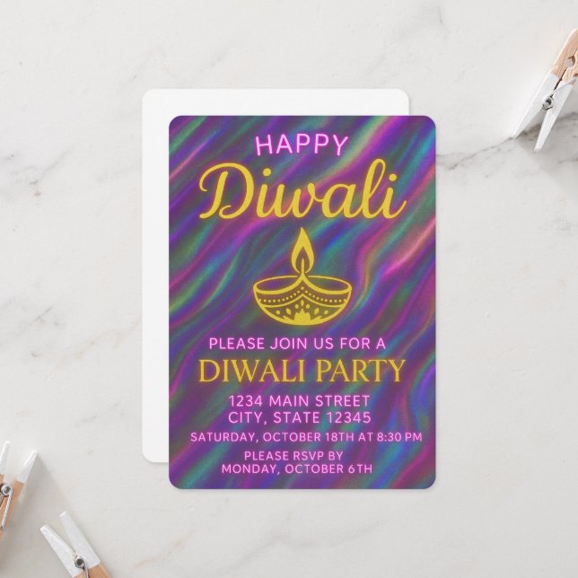 Elegant Gold Diya on Rainbow Glow Happy Diwali Invitation (Front/Back In Situ)