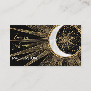 Elegant Gold Doodles Sun Moon Mandala Black Design Business Card