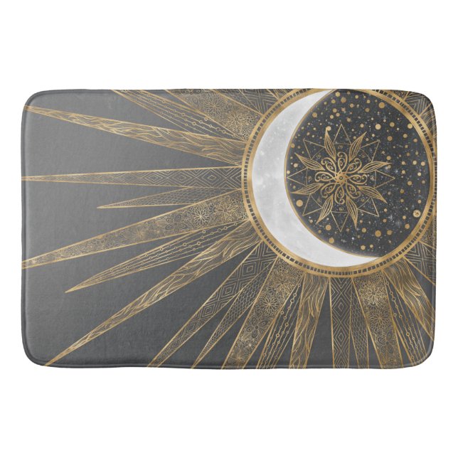Elegant Gold Doodles Sun Moon Mandala Design Bath Mat (Front)