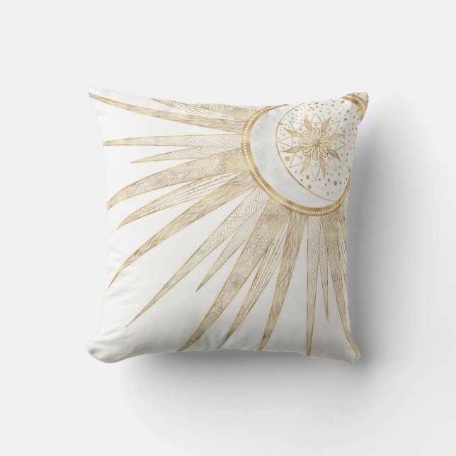 Elegant Gold Doodles Sun Moon Mandala Design Cushion (Front)