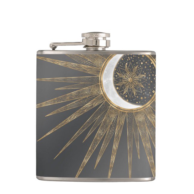 Elegant Gold Doodles Sun Moon Mandala Design Hip Flask (Front)
