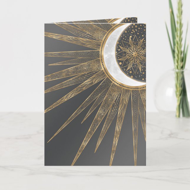 Elegant Gold Doodles Sun Moon Mandala Design Holiday Card (Front)