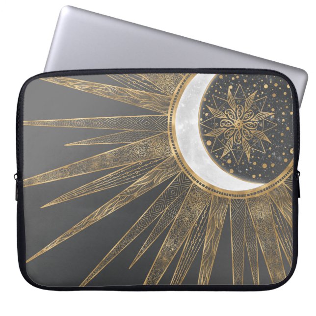 Elegant Gold Doodles Sun Moon Mandala Design Laptop Sleeve (Front)