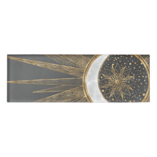 Elegant Gold Doodles Sun Moon Mandala Design Name Tag