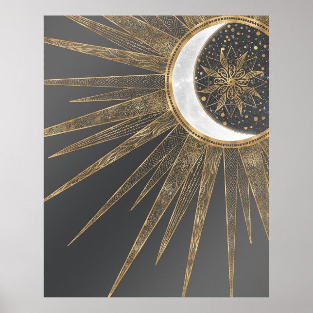 Elegant Gold Doodles Sun Moon Mandala Design Poster (Front)