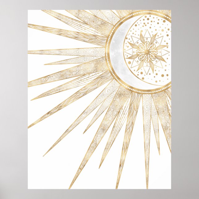 Elegant Gold Doodles Sun Moon Mandala Design Poster (Front)