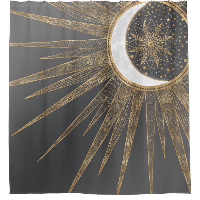 Elegant Gold Doodles Sun Moon Mandala Design Shower Curtain (Front)