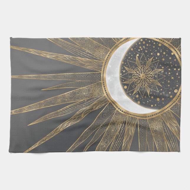 Elegant Gold Doodles Sun Moon Mandala Design Tea Towel (Horizontal)