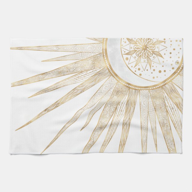Elegant Gold Doodles Sun Moon Mandala Design Tea Towel (Horizontal)