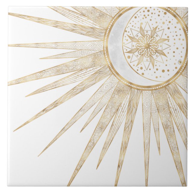 Elegant Gold Doodles Sun Moon Mandala Design Tile (Front)