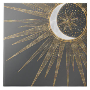 Elegant Gold Doodles Sun Moon Mandala Design Tile