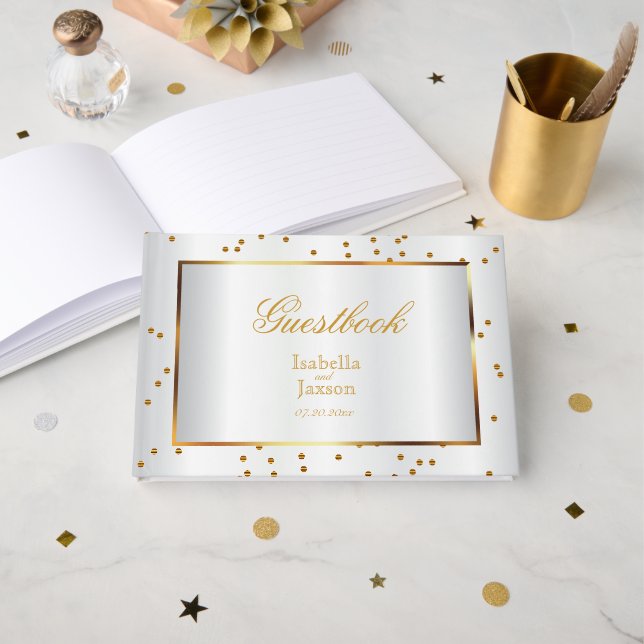 Elegant Gold Dots and White Satin Guestbook (Front Open)