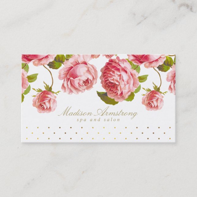 Elegant Gold Dots & Pink Roses Custom Business Card (Front)