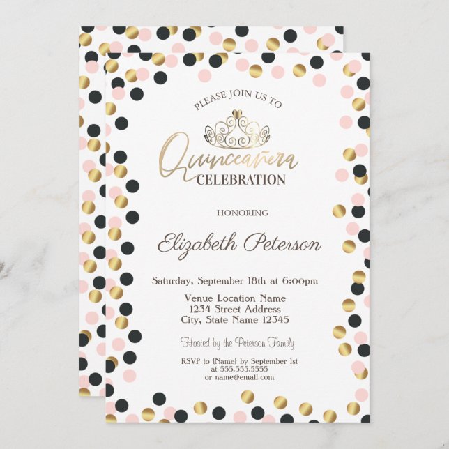Elegant Gold Dots, Tiara, Quinceañera Invitation (Front/Back)