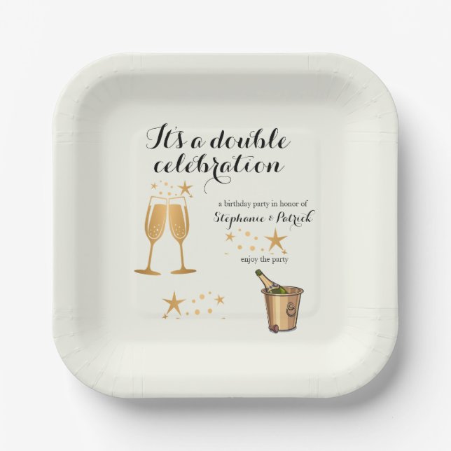 Elegant Gold Double Celebration Joint Birthday Paper Plate (Front)