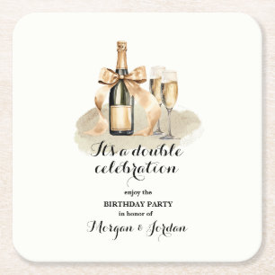 Elegant Gold Double Celebration Joint Birthday Square Paper Coaster