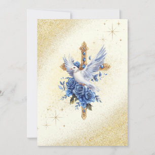 Elegant Gold Dove Blue Roses Baptism  Invitation