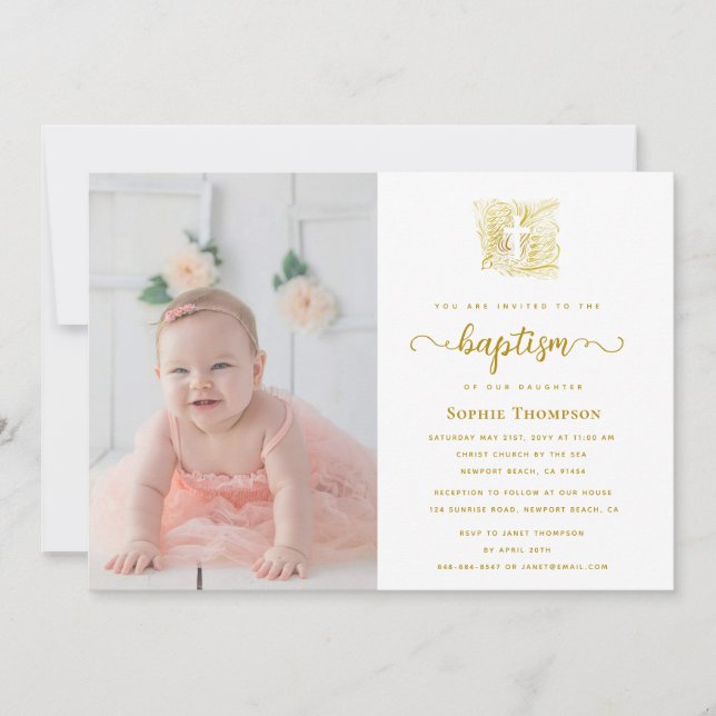 Elegant Gold Dove Cross Religious Baptism Photo Invitation (Front)