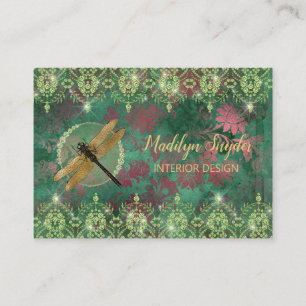 Elegant Gold Dragonfly on Green With Rhinestones Business Card