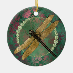 Elegant Gold Dragonfly on Green With Rhinestones Ceramic Tree Decoration