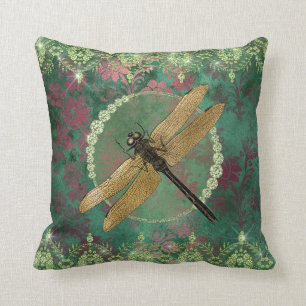 Elegant Gold Dragonfly on Green With Rhinestones Cushion