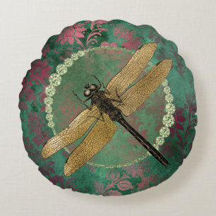 Elegant Gold Dragonfly on Green With Rhinestones Round Cushion