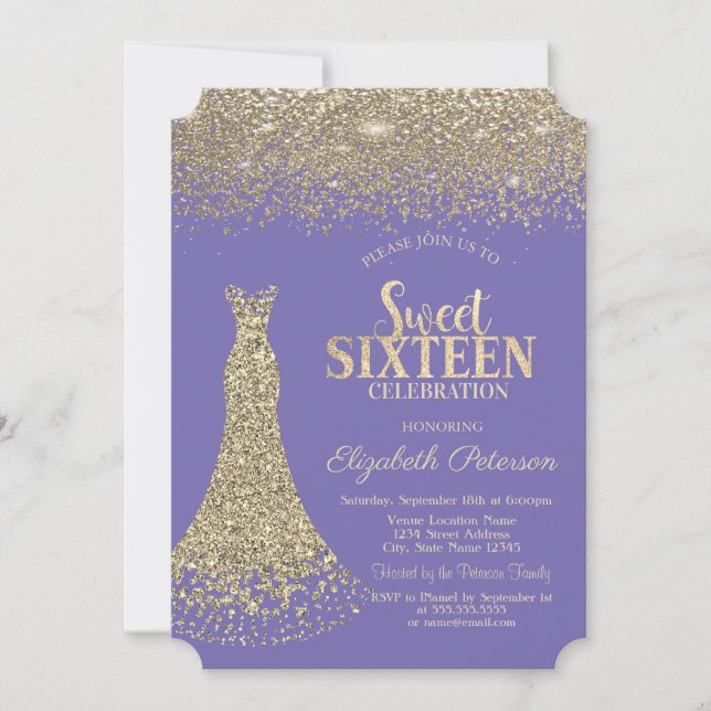Elegant  Gold Dress Diamonds Lavander Sweet 16  Invitation (Front)