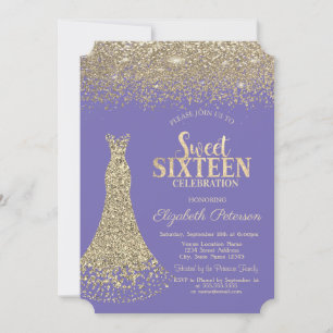 Elegant  Gold Dress Diamonds Lavander Sweet 16  Invitation