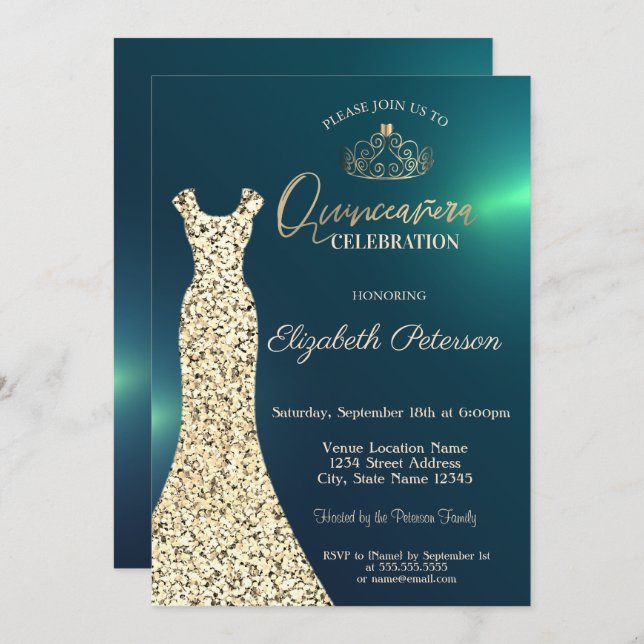 Elegant Gold Dress, Tiara Green Quinceañera Invitation (Front/Back)