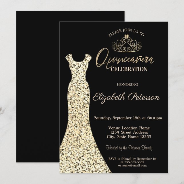 Elegant Gold Dress, Tiara Quinceañera Invitation (Front/Back)