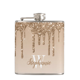 Elegant Gold Dripping Faux Glitter Monogram Hip Flask