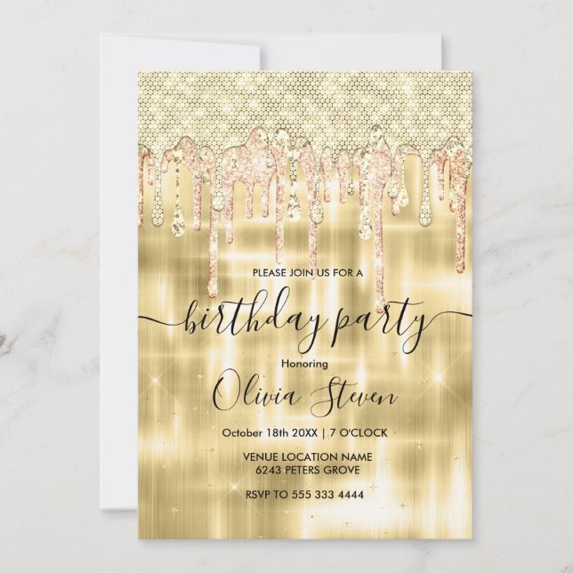 Elegant gold dripping glitter any age monogram  in invitation (Front)