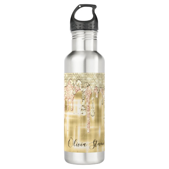 Elegant gold dripping glitter monogram 710 ml water bottle (Front)