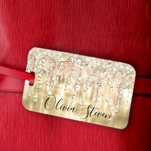 Elegant gold dripping glitter monogram luggage tag