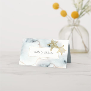 ELEGANT GOLD DUSKY BLUE BEACHY STARFISH WEDDING  PLACE CARD