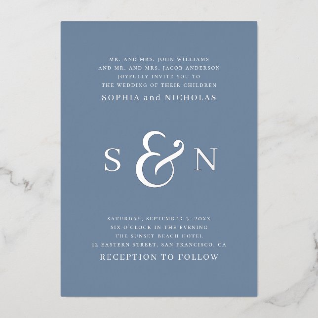 Elegant gold dusty blue typography details wedding (Front)