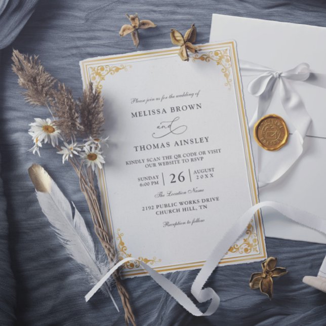 Elegant Gold Ecru Classic Budget QR Code Wedding Invitation (Creator Uploaded)