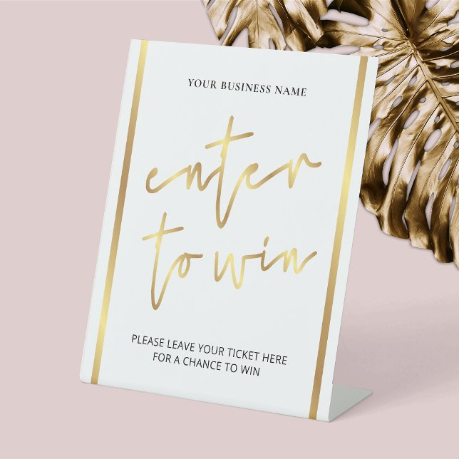 Elegant Gold Effect Business Raffle Enter to Win Pedestal Sign (Enter to Win Raffle Sign with faux gold effects, perfect for any type of raffle.)