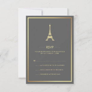 Elegant Gold Eiffel Tower on Grey Wedding RSVP Invitation